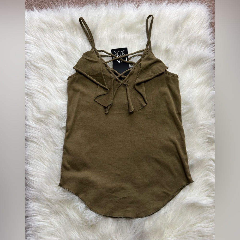 New Chaser Khaki Strappy Top Olive Green Ruffle Layering Camisole